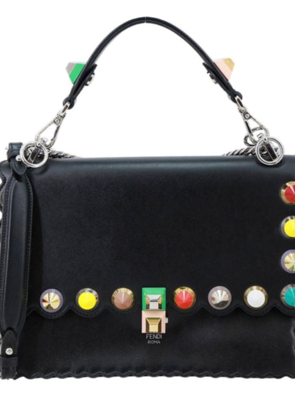 Fendi Kan I Studded Calfskin Scalloped Leather Shoulder Bag Black